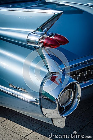 Detail of the rear wing and brake lights of the car Cadillac Coupe de Ville, 1959. Editorial Stock Photo