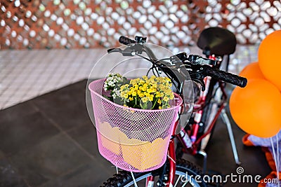 detail of redbike carrying flowers on front basket, which is pink Stock Photo