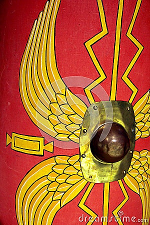 Detail of a reproduction Roman scutum shield with red and yellow Stock Photo