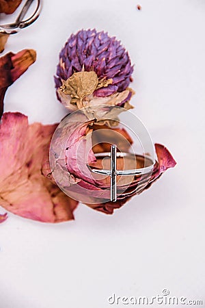 Detail of a ring among the flowers. Stock Photo