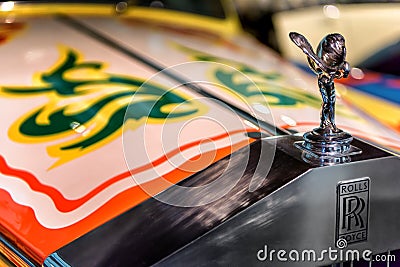 Detail of Rolls Royce hood ornament on John Lennons`s Rolls Royce, at Malaga automobile museum. Editorial Stock Photo