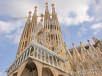 Detail with sculptures of the passion facade of Sagrada Familia cathedral Editorial Stock Photo