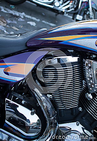 Detail of Shiny Chrome Cylinder and Engine on Cruiser Style Moto Stock Photo