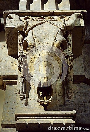 10/20/2019, Detail shot of a bony head of a cattle carved with stone with horns on the facade of the historic old Stadtmetzg in Editorial Stock Photo