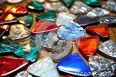 detail shot of a collection of guitar picks on a table Stock Photo