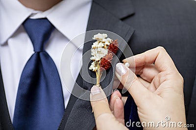 Detail shot of hands pinning on a boutonnniere on a grooms suit Stock Photo