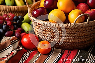 detail shot of handwoven african basket filled with fruits Stock Photo