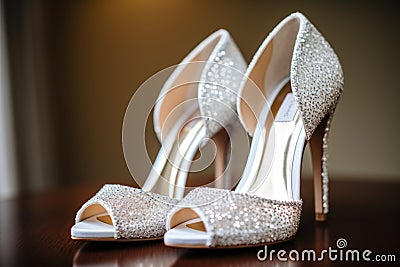 detail shot of a pair of brides glittering white heels Stock Photo