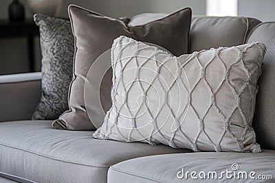 detail shot of plush gray throw pillows on a beige couch Stock Photo