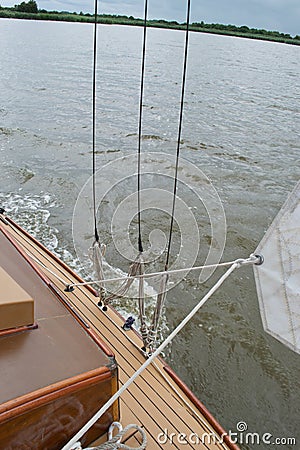 Detail of the shrouds side stays on a sailing yacht, moving at speed on a lake Stock Photo