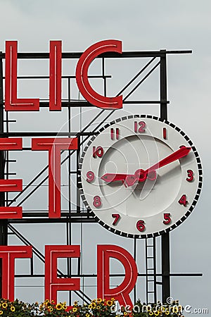 Detail of the sign and clock of the public market in Seattle Stock Photo