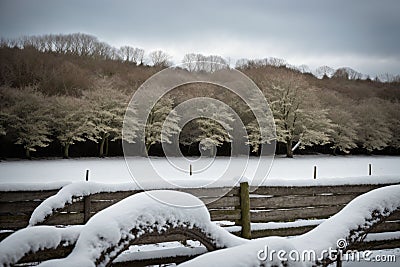 Detail of snow on a leafless hedge Stock Photo