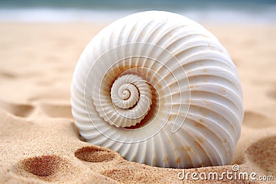 detail of a spiraled seashell on beach sand Stock Photo