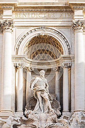 Detail statue of Oceanus standing under a triumphal arch, Trevi Fountain Fontana di Trevi in Rome, Italy. Editorial Stock Photo