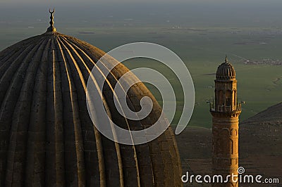 Travel turkey. Mardin. mardin grand mosque with mesopotamia plain. ancient city of mardin. sunset landscape. stonework. islamic ar Stock Photo