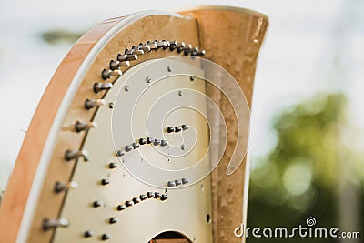 Detail of the strings and mast of a classic harp Stock Photo