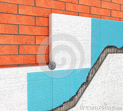 Detail of Thermal insulation of a brick wall with polyurethane panels on a white 3d Cartoon Illustration