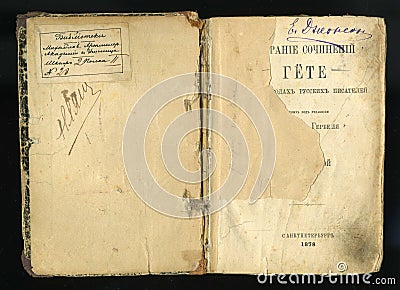 Detail of the title page. opened old book. in the Russian language. Editorial Stock Photo