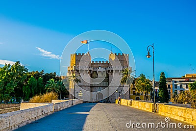 detail of torres de serrano gate in spanish city valencia...IMAGE Editorial Stock Photo