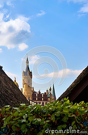 Detail of a tower from Schwerin Castle under a blue sky Stock Photo