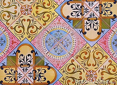 Detail of the traditional tiles from facade of old house. Decorative tiles.Valencian traditional tiles. Floral ornament. Spain Stock Photo