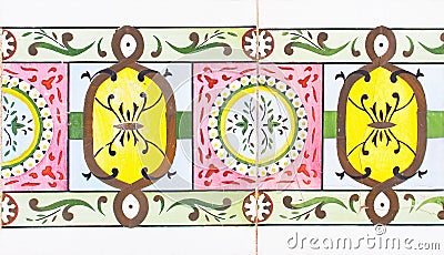 Detail of the traditional tiles from facade of old house. Decorative tiles.Valencian traditional tiles. Floral ornament. Spain Stock Photo