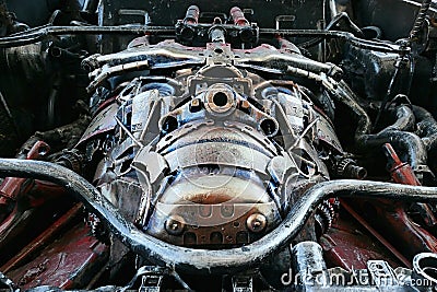 Detail of transformer head in replica of grand tourer car Mercedes AMG GT R made from scrap metal Editorial Stock Photo