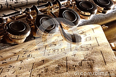 Detail transverse flute on old handwritten sheet music Stock Photo