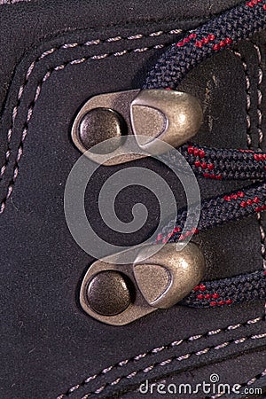 Detail of trekking shoes hook and loop. Stock Photo