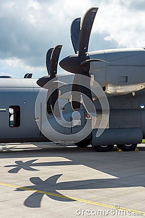 Detail of the turboprop military transport aircraft Lockheed Martin C-130J Super Hercules Editorial Stock Photo