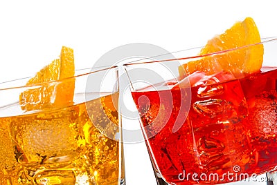 Detail of two cocktail with orange slice on top isolated on white background Stock Photo