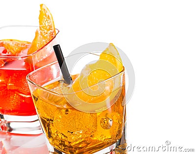Detail of two cocktail with orange slice on top isolated on white background Stock Photo