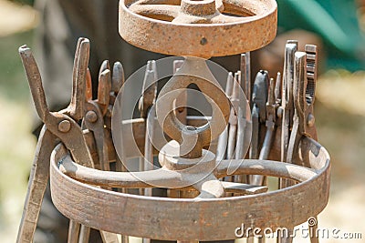 Detail of various medieval metal smith instruments Stock Photo