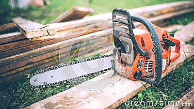 Detail view of chainsaw, construction tools, agriculture details. Gardening equipment Stock Photo