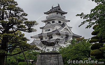 Detail View on Imabari Water Castle and Monument of its Emperor Todo Takatora. Imabari, Ehime Prefecture, Japan Stock Photo
