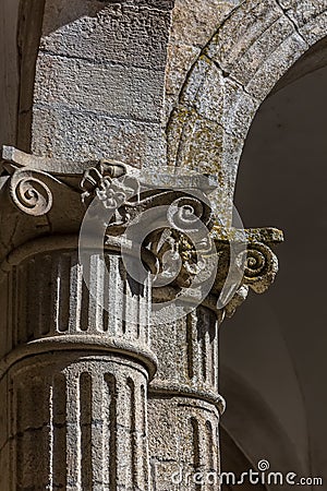 Detail view of a ionic style capital column, romanesque columns gallery Editorial Stock Photo