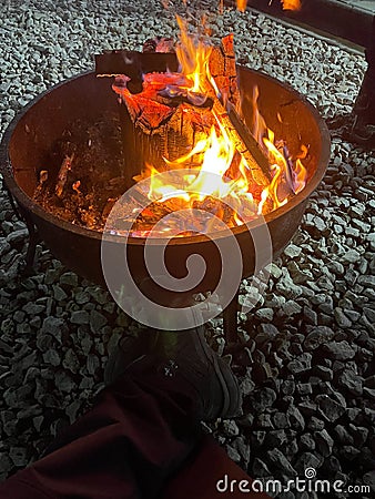 Camping campfire with fir wood Stock Photo