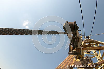 Detail yellow crane jib against a blue sky Stock Photo