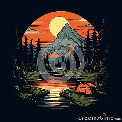 Minimalist River Camping T-shirt Graphic In Leyburn Cartoon Illustration