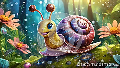 Detailed acrylic painting of funny cartoon snail. Cute creature Stock Photo
