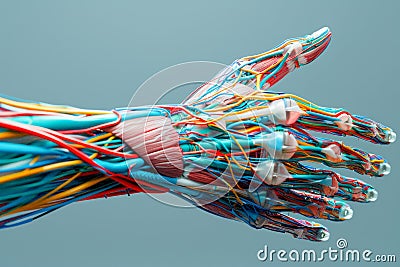 Detailed Anatomical Model of Human Hand Displaying Muscles and Tendons on Grey Background Stock Photo