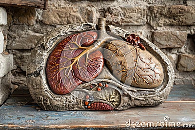 Detailed Anatomical Model of Human Organs for Educational Purposes on Rustic Background Stock Photo