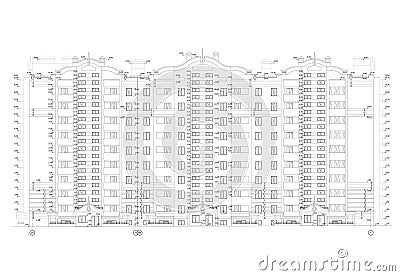 Detailed architectural facade plan of multistory building Vector blueprint. Vector Illustration