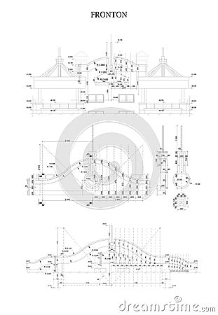 Detailed architectural fronton plan of multistory building Vector blueprint. Vector Illustration