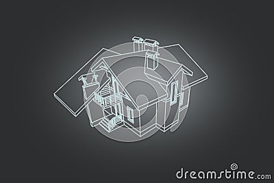 Detailed architectural plan of a glowing 3d cottage house Stock Photo