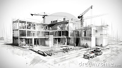 Detailed Architectural Sketch of Modern Multi-Story Building. Stock Photo