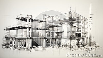 Detailed Architectural Sketch of Modern Multi-Story Building. Stock Photo