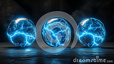 A detailed array of 3D models displaying an electric ball, circular lightning, and blue thunderbolt rings of different Stock Photo