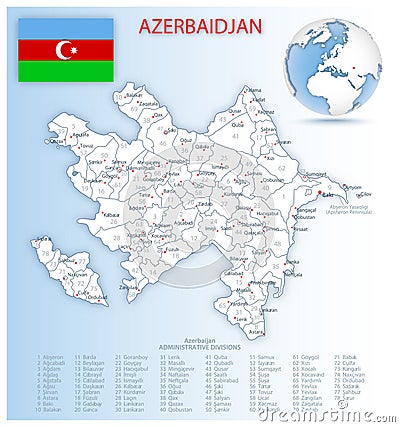 Detailed Azerbaijan administrative map with country flag and location on a blue globe Cartoon Illustration