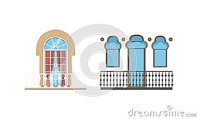 Detailed Balcony Windows Colllection, Classic House Facade Design Elements Vector Illustration Vector Illustration